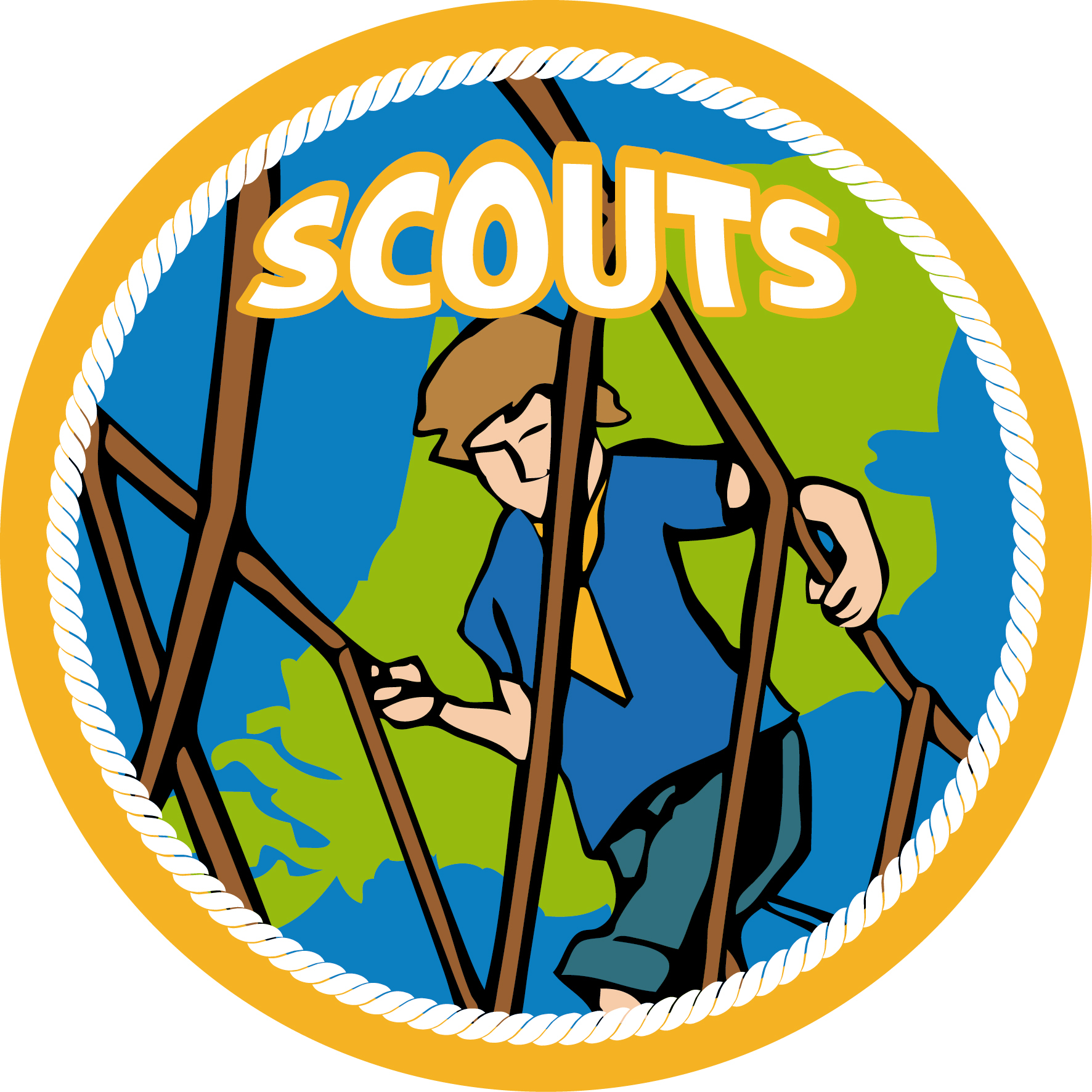 Logo van de scouts: een jongen die over een touwbrug loopt met daarboven het woord scouts geschreven